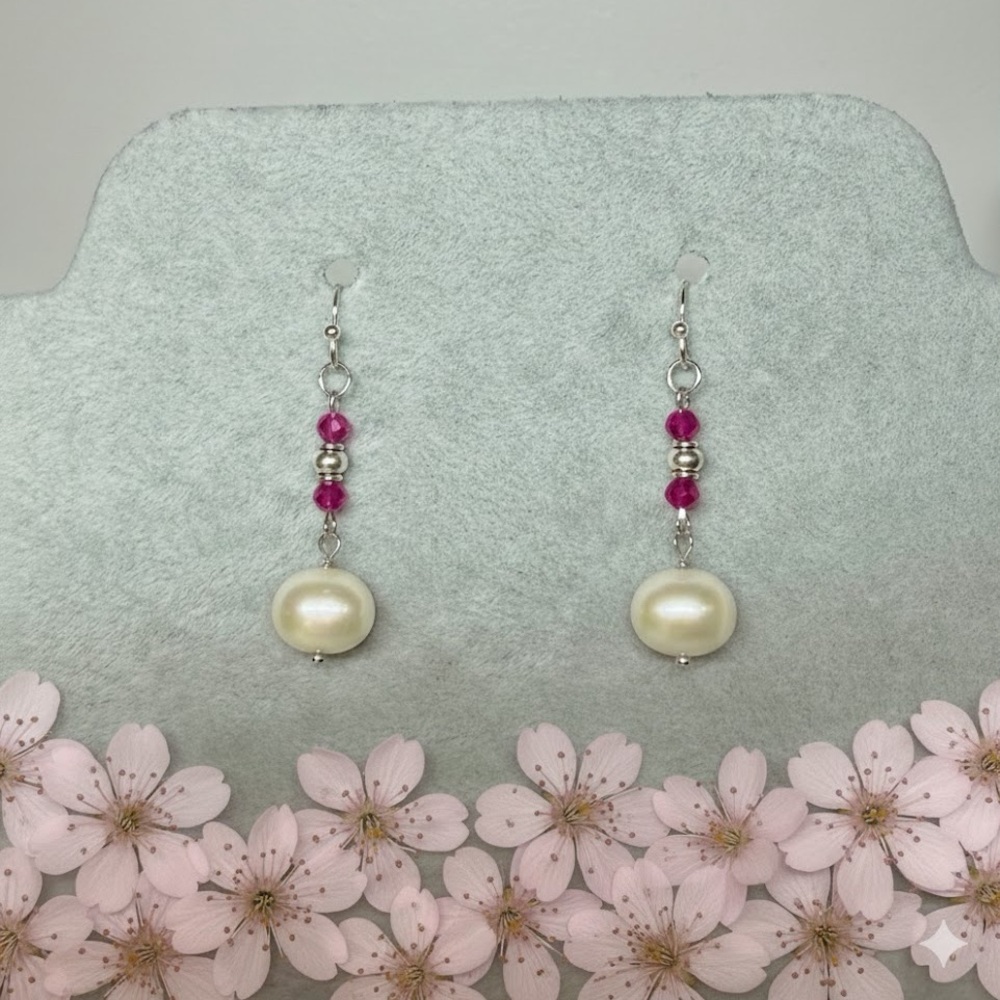 Freshwater Pearl and Pink Stone Earrings